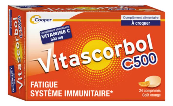 Vitascorbol vitamine C 500mg boîte 24cps à croquer Vitascorbol C500 contribue à réduire la fatigue, à maintenir le système immunitaire, à protéger les cellules contre le stress oxydatif et au maintien de fonctions psychologiques normales1.